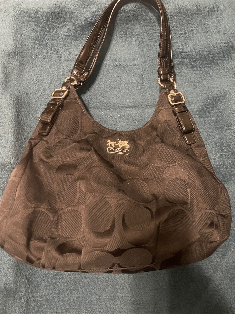 Coach Black Signature Shoulder Bag red inside with Silver Hardware